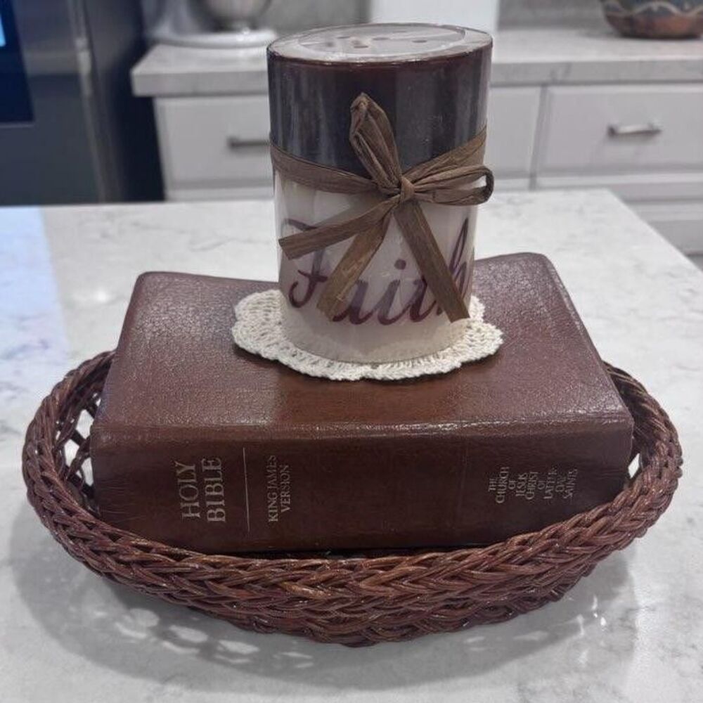 Faith Religion Vignette Decor Bible Candle Doily Basket Hand Selected Christian
